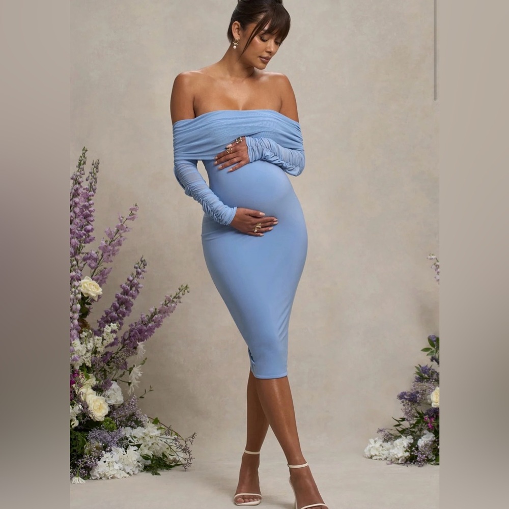 Club London Patiently Waiting Off-Shoulder Blue Maternity Midi Dress - Size 6